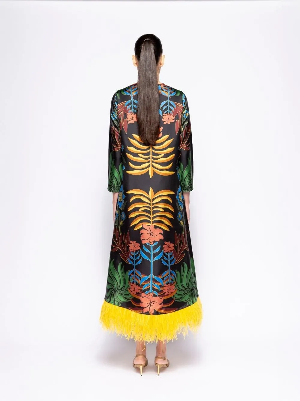 Grayf Visual Garden Print Printed Dress with Feathers