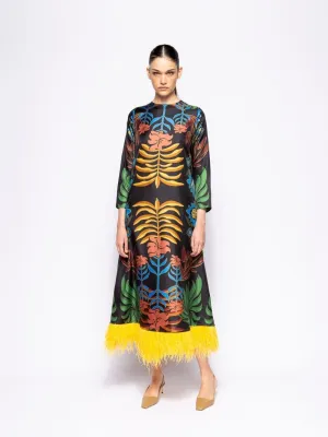 Grayf Visual Garden Print Printed Dress with Feathers