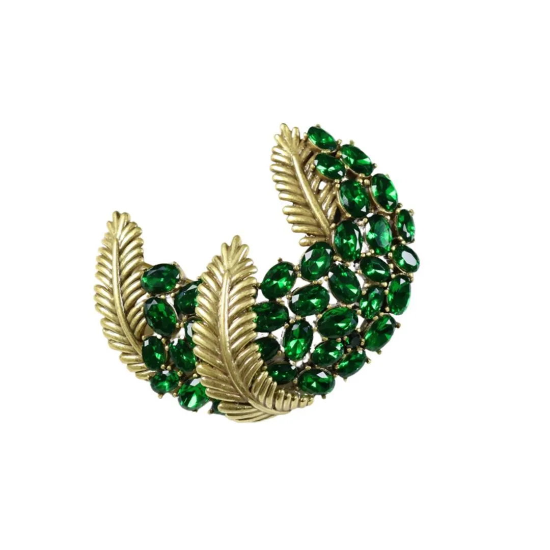 Green and Blue Rhinestone Diamond-Encrusted Copper Feather Brooch