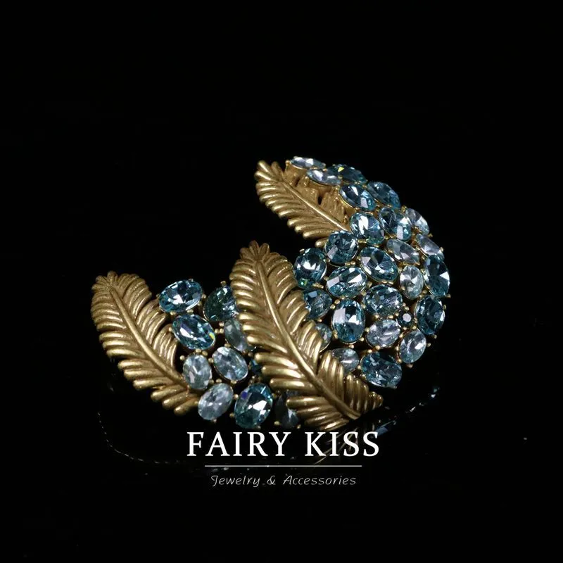 Green and Blue Rhinestone Diamond-Encrusted Copper Feather Brooch
