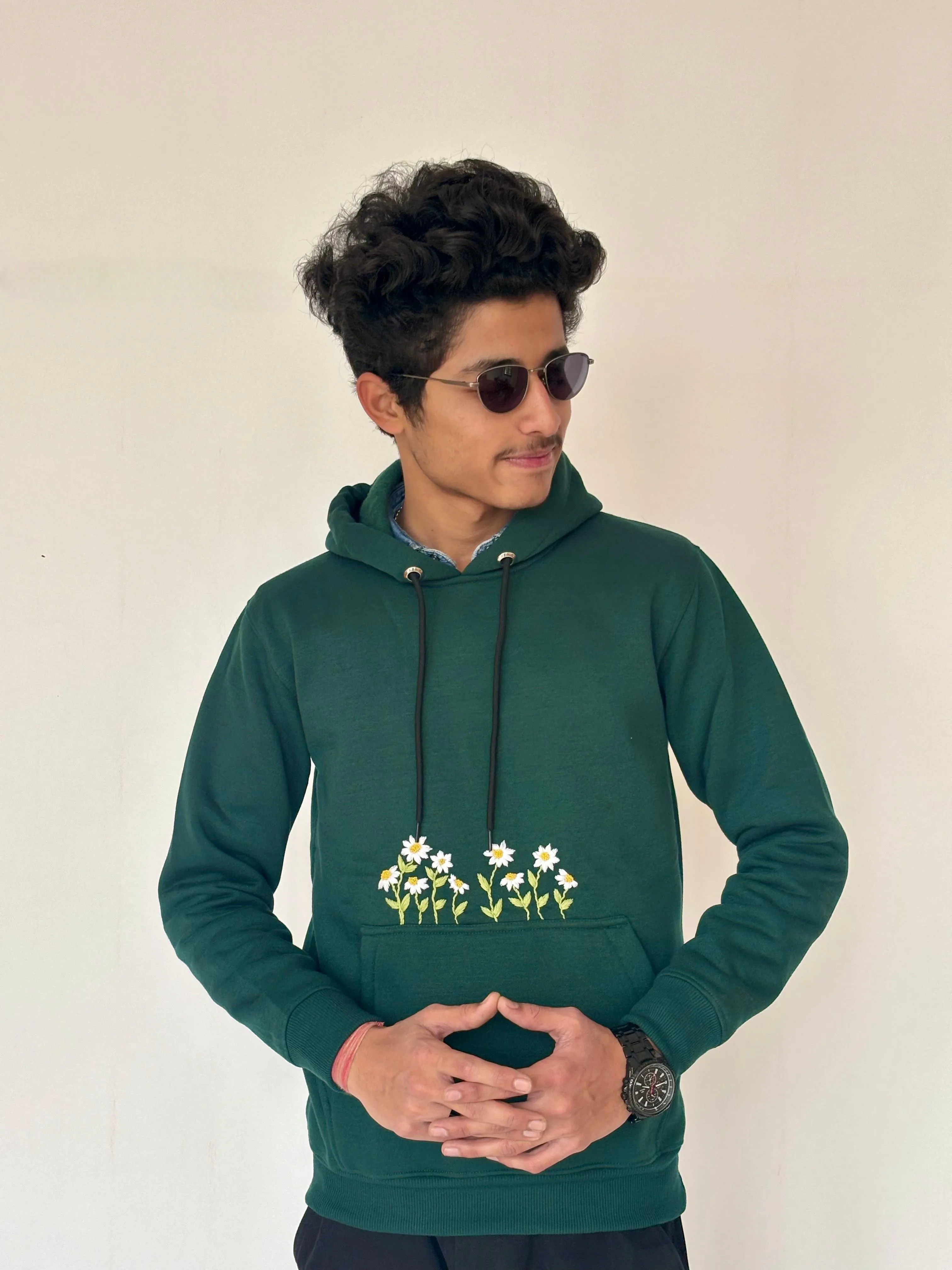 Green - Unisex Hand Embroidered Floral Hoodie