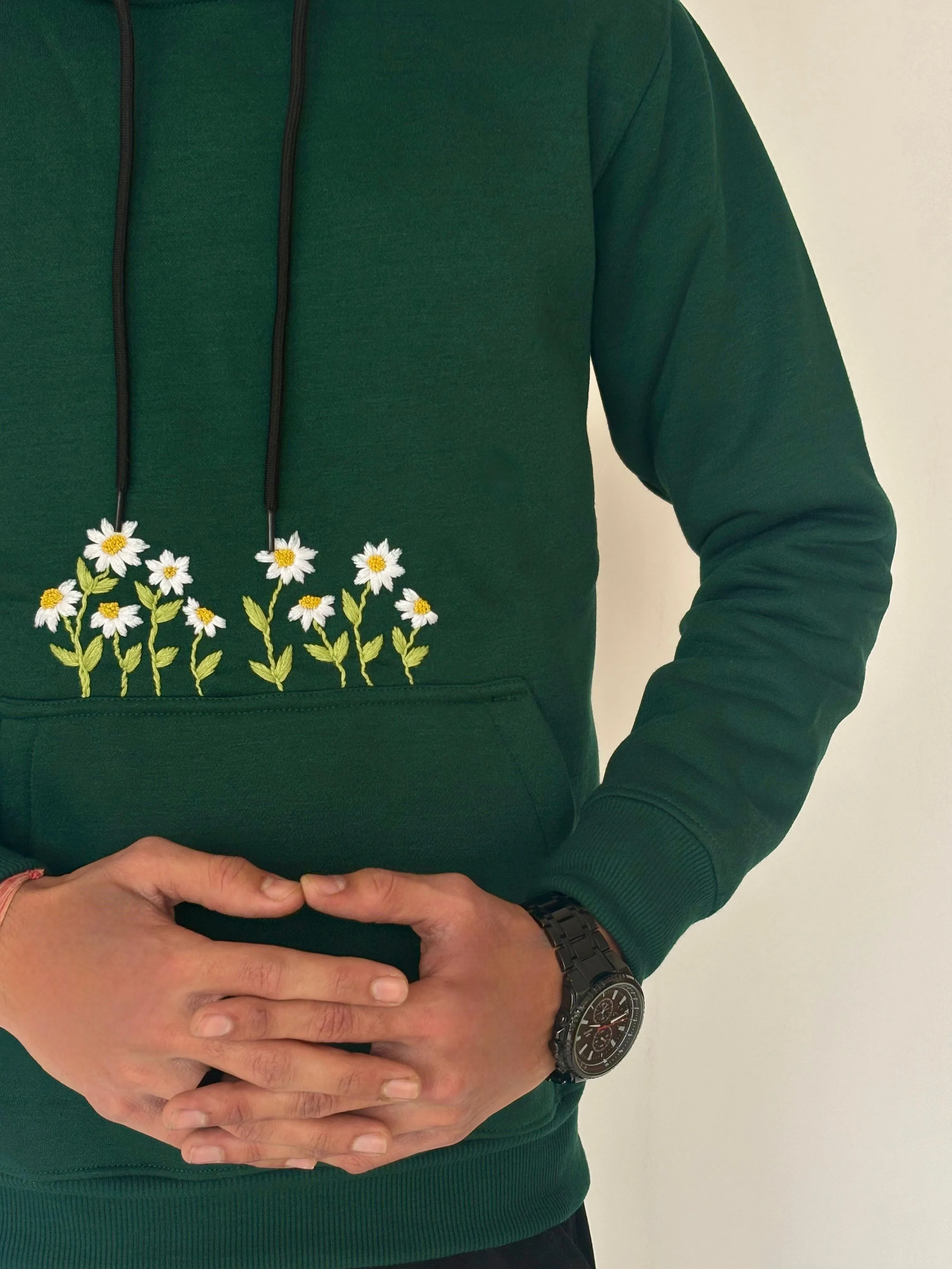 Green - Unisex Hand Embroidered Floral Hoodie