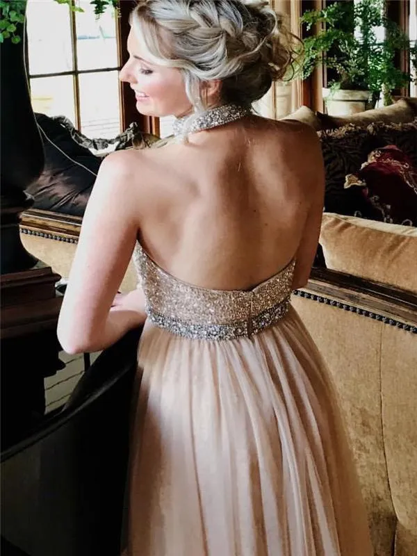 Halter Beaded Prom Dresses, Lovely Tulle Prom Dresses, Cheap Prom Dresses, BG0420