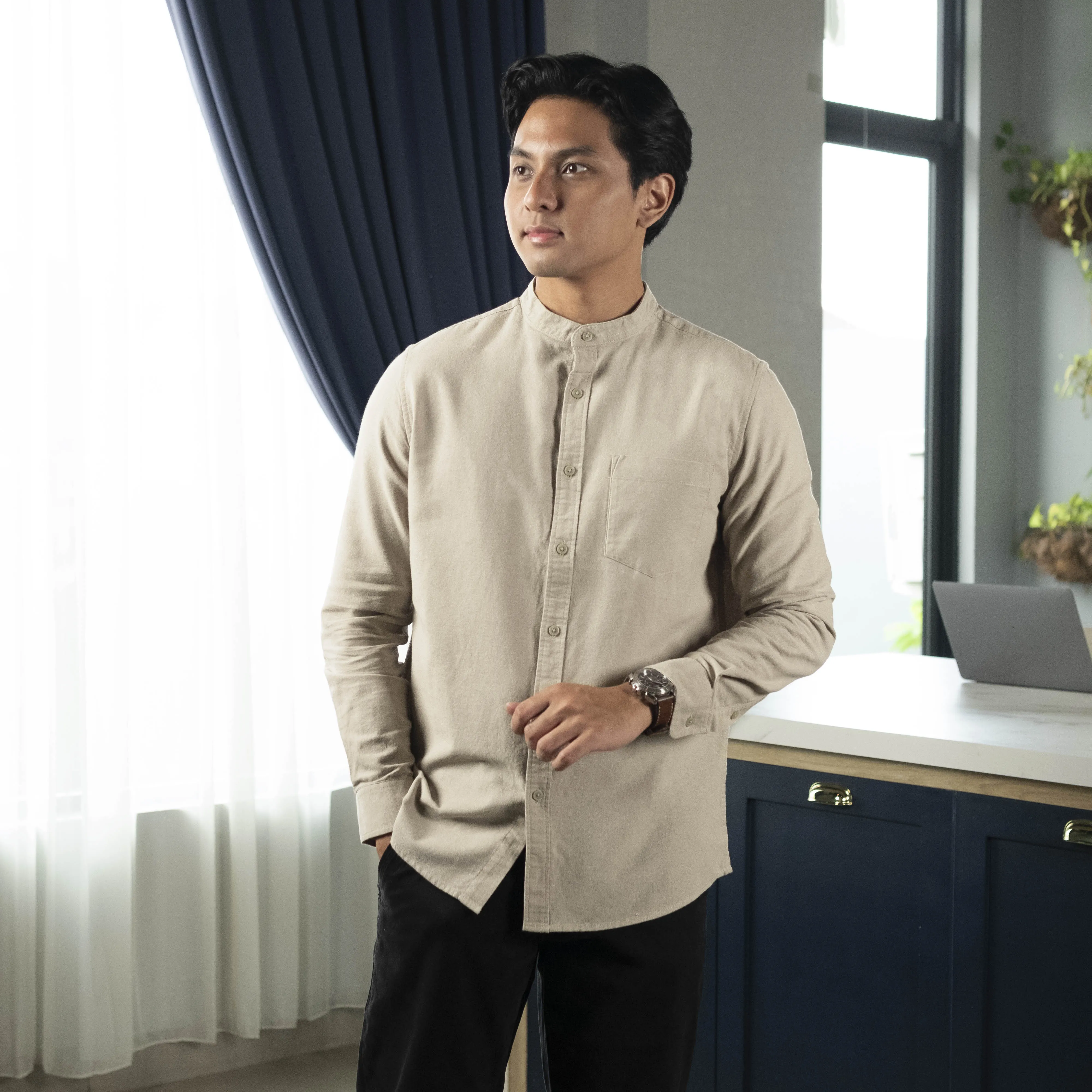 Hamzah Kemeja Koko Rami Basic Lengan Panjang