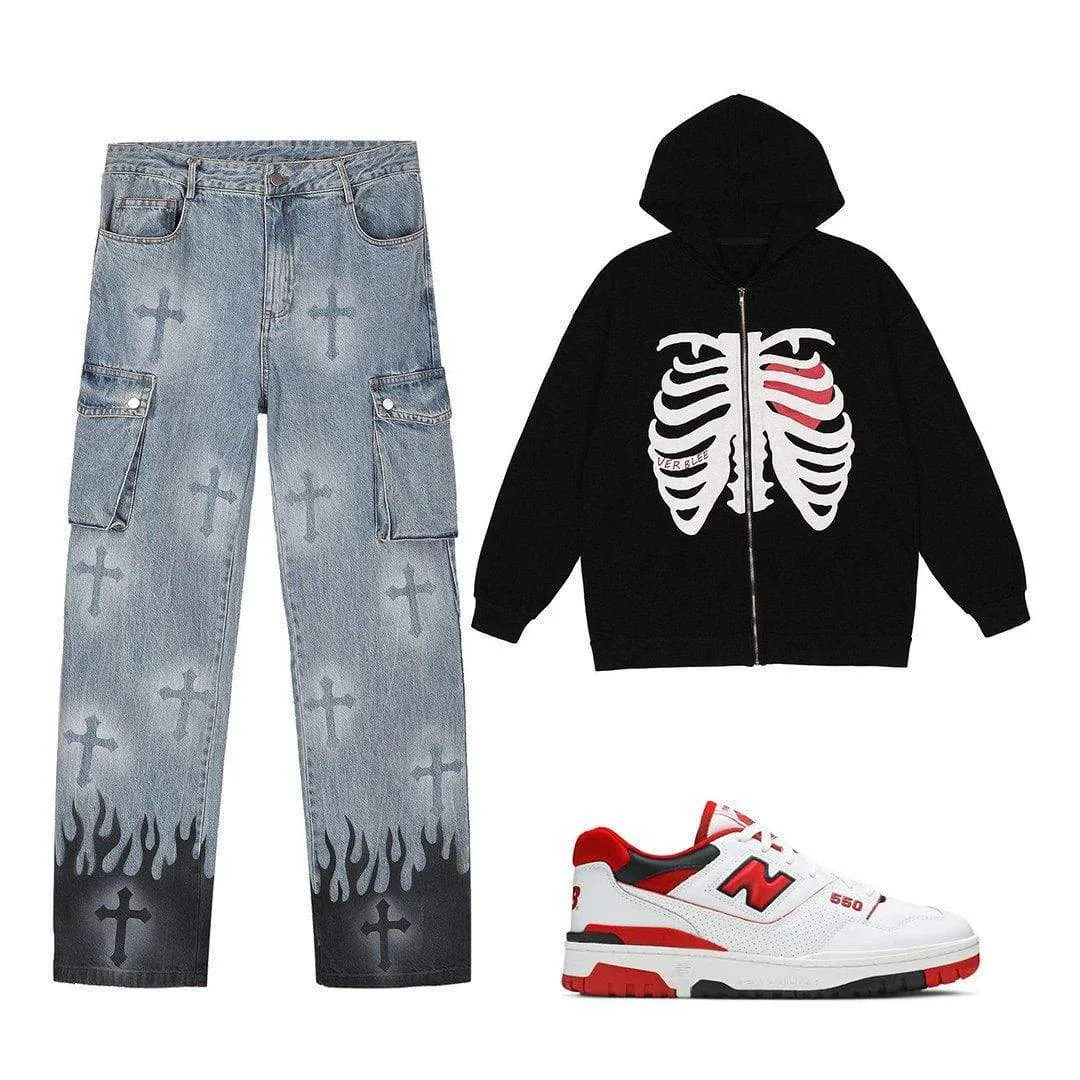 Heart Skull Pattern Zipper Hoodie