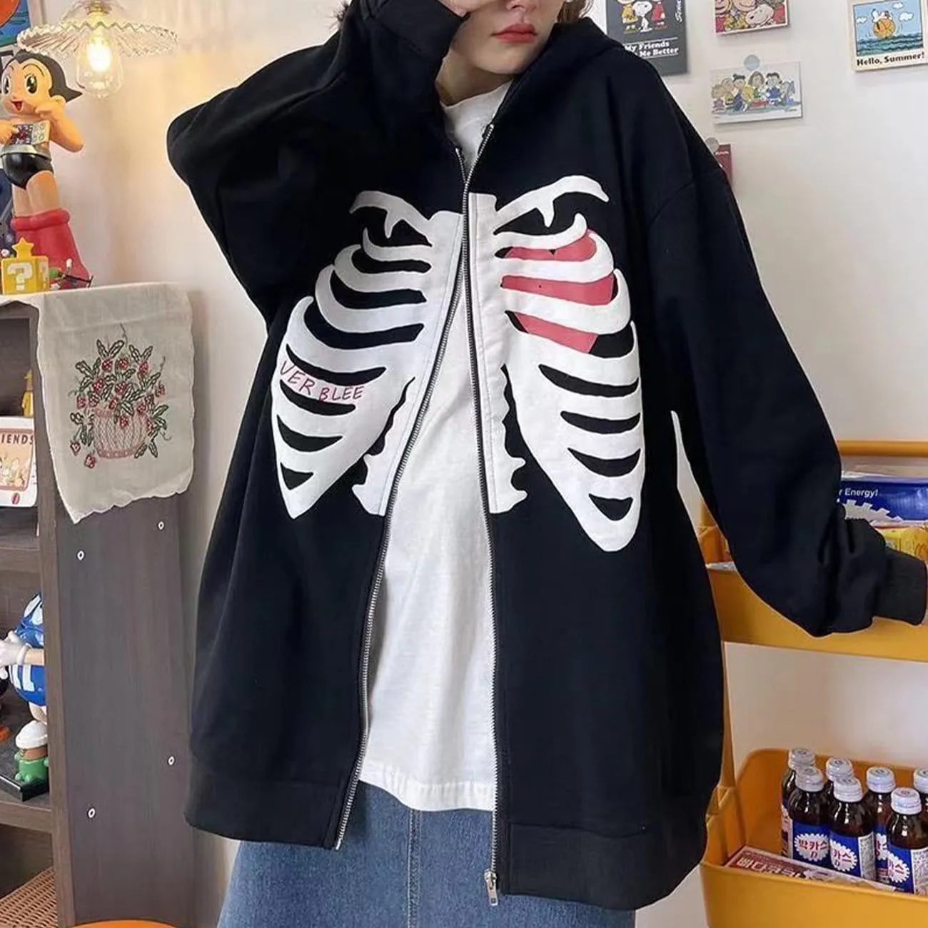 Heart Skull Pattern Zipper Hoodie