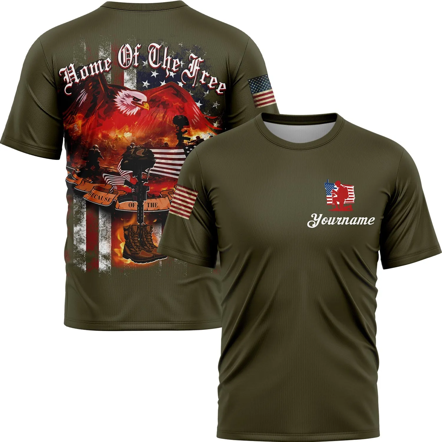 Home Of The Free Because Of The Brave Custom Olive American Patriot Name T-Shirt