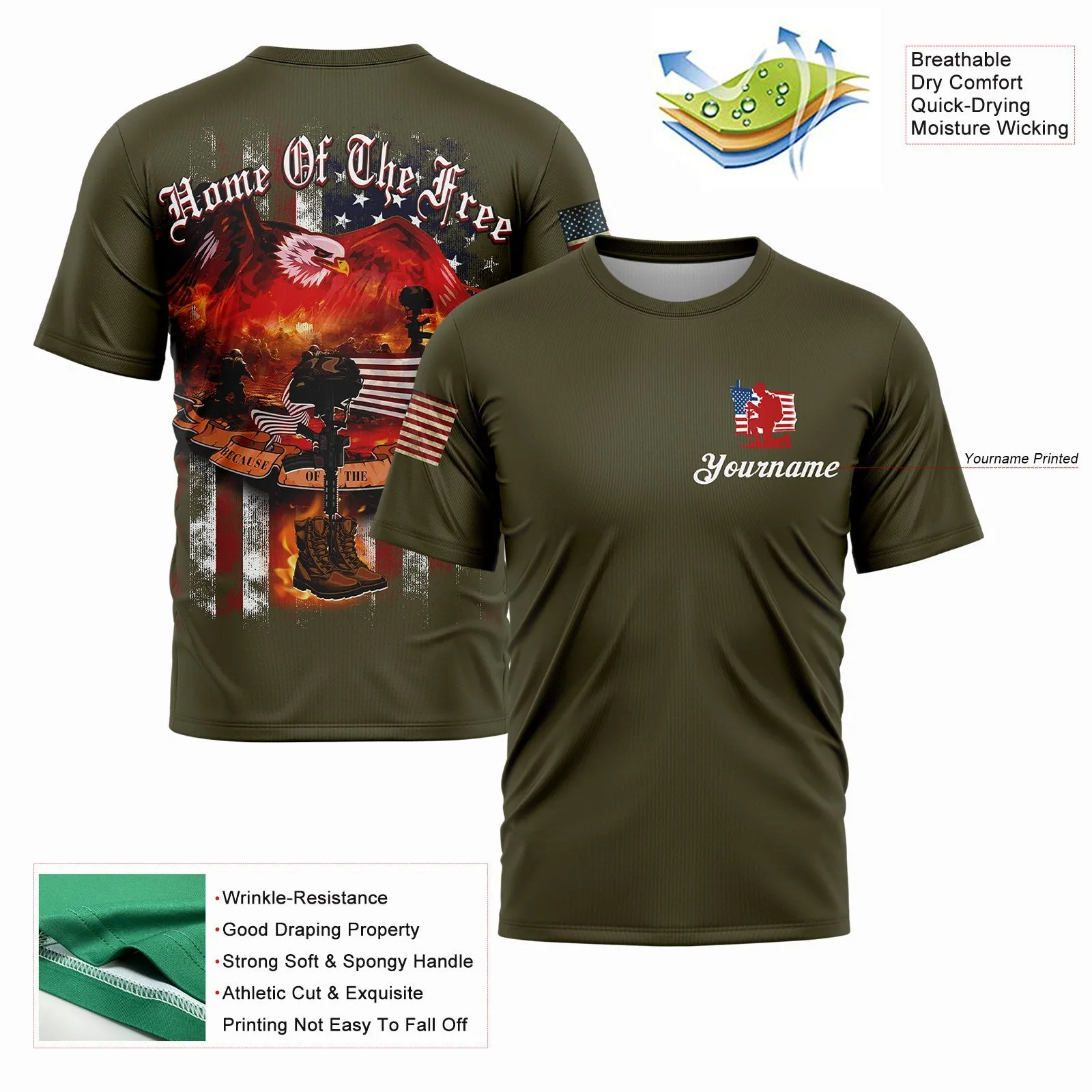 Home Of The Free Because Of The Brave Custom Olive American Patriot Name T-Shirt