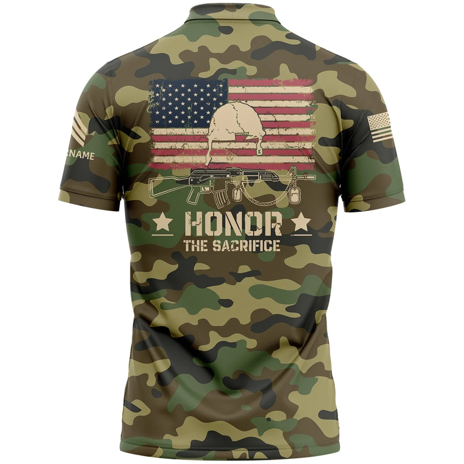 Honor The Sacrifice Custom Camo American Flay U.S. Army Military Sergeant Rank Veteran Name Memorial Day Golf Polo Shirt | Father's Day Gifts