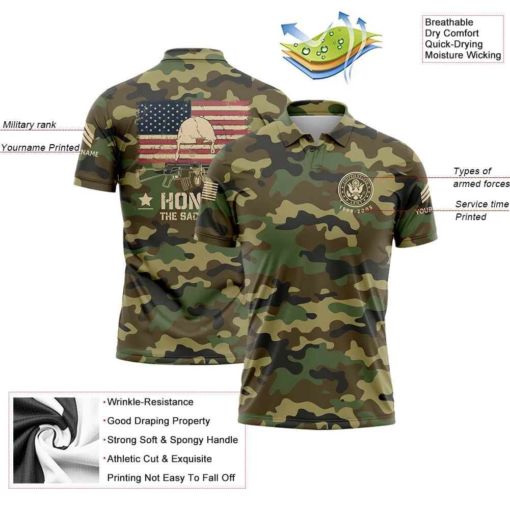 Honor The Sacrifice Custom Camo American Flay U.S. Army Military Sergeant Rank Veteran Name Memorial Day Golf Polo Shirt | Father's Day Gifts