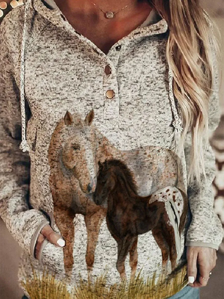 Horse Print Slot Pocket Snap Button Hooded Sweatshirt