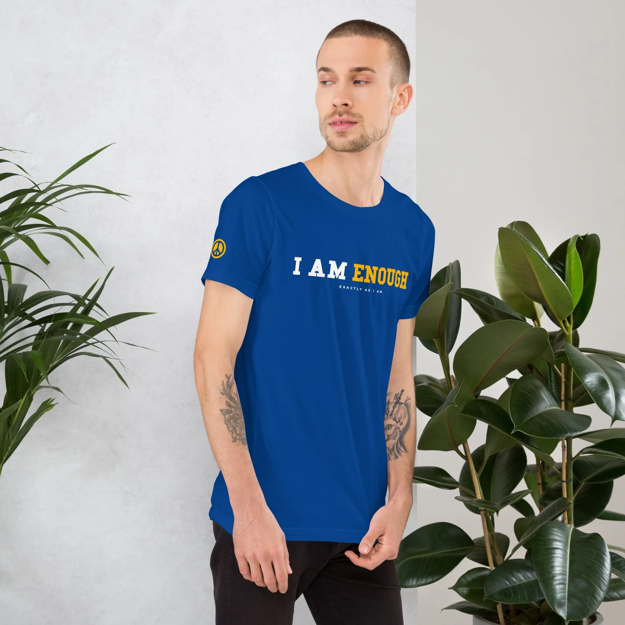 I AM ENOUGH STRONG Mental Health T-Shirt with Peace Sign on Sleeve for Men