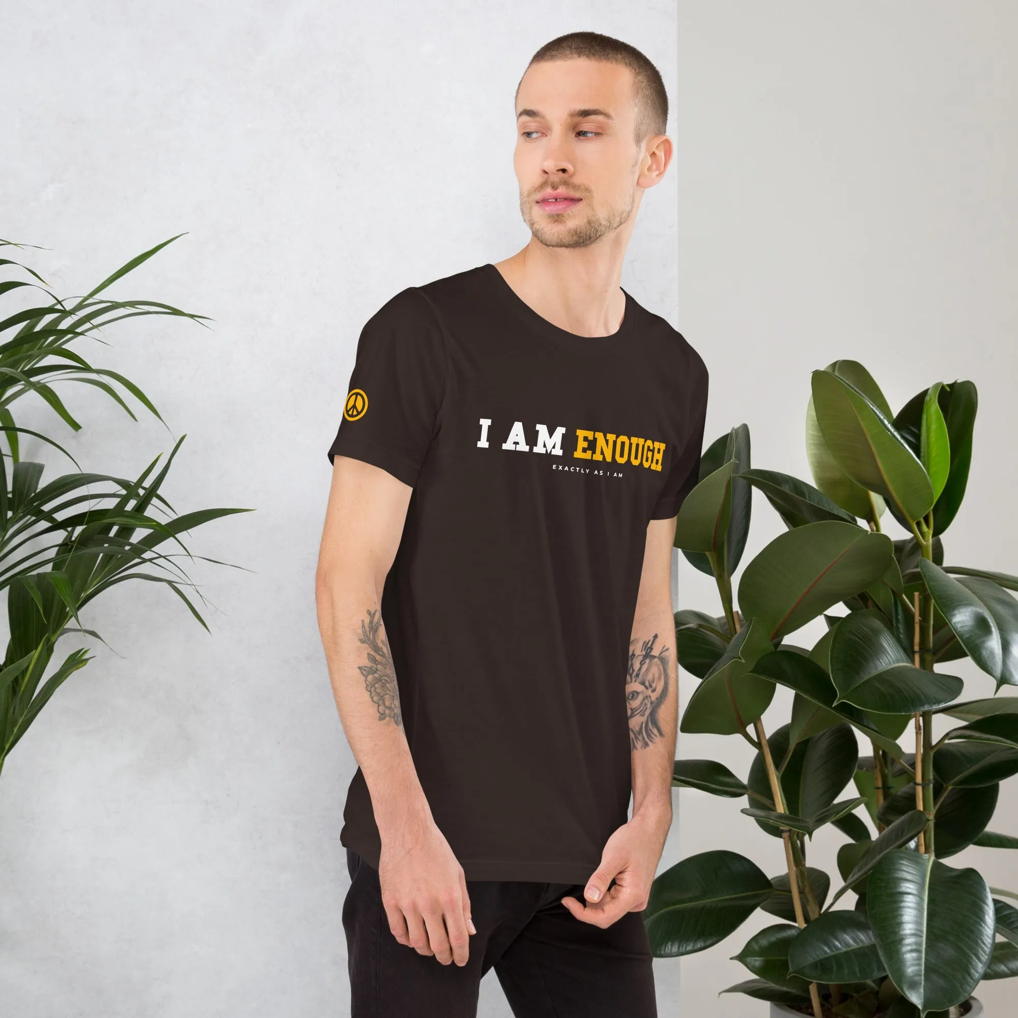 I AM ENOUGH STRONG Mental Health T-Shirt with Peace Sign on Sleeve for Men