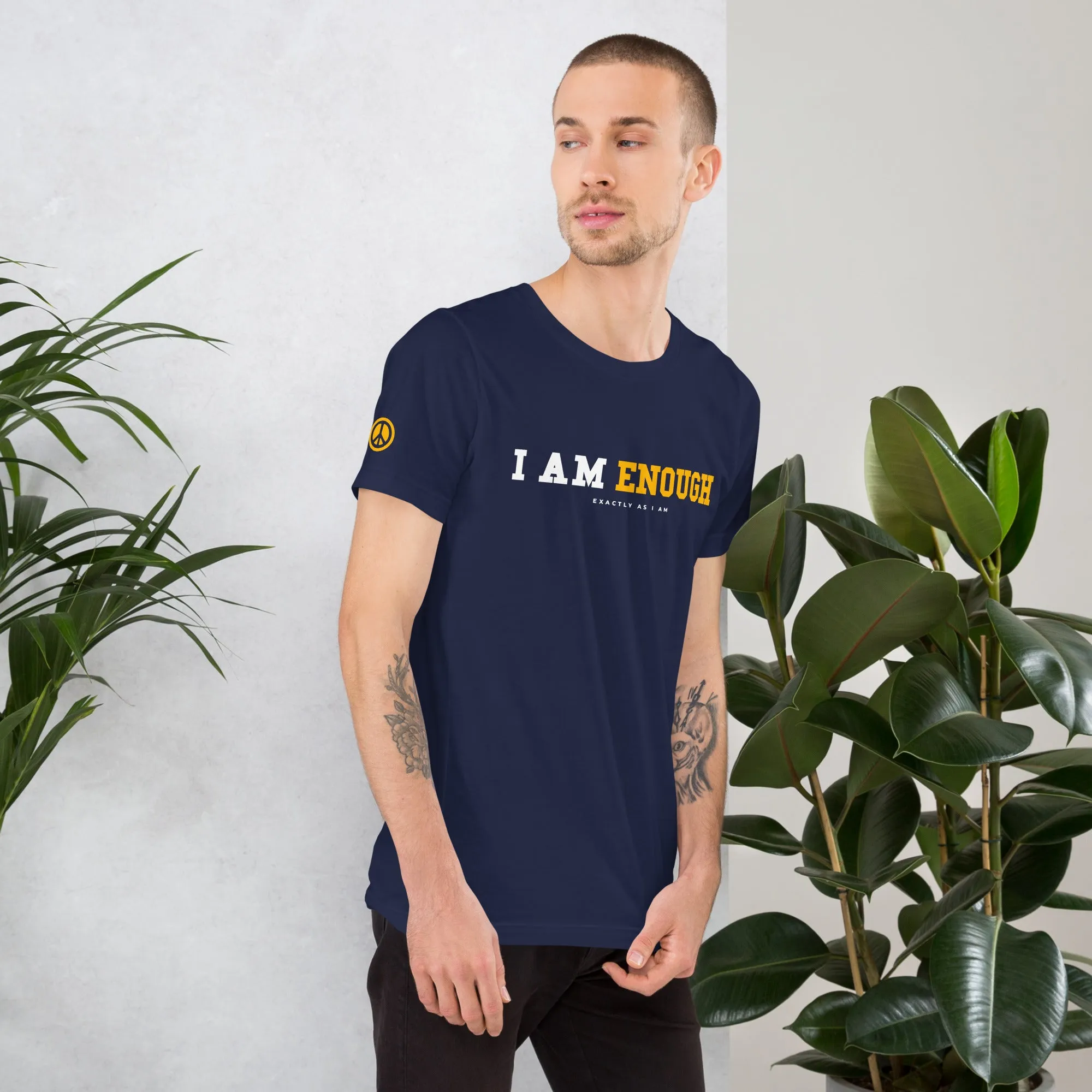 I AM ENOUGH STRONG Mental Health T-Shirt with Peace Sign on Sleeve for Men