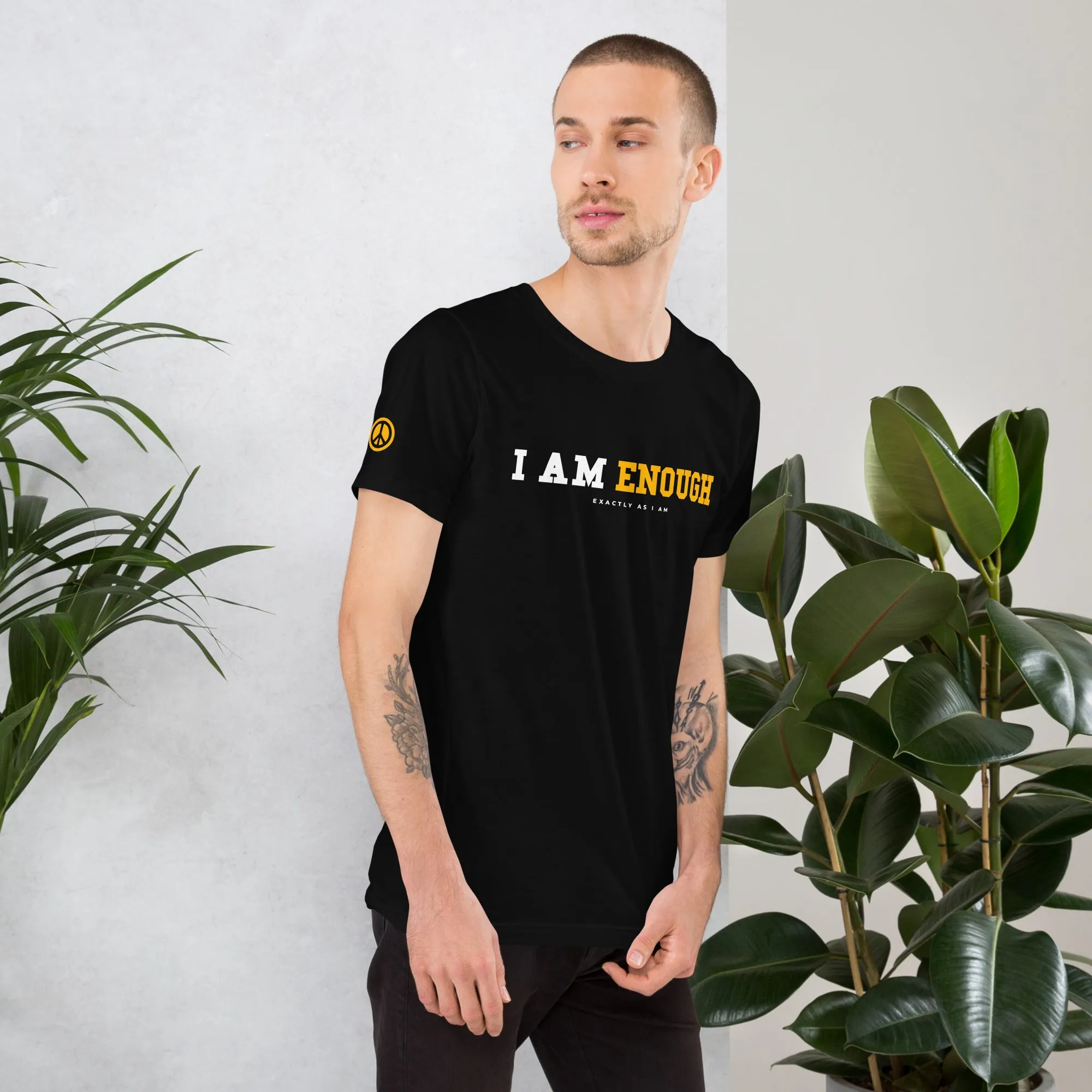 I AM ENOUGH STRONG Mental Health T-Shirt with Peace Sign on Sleeve for Men