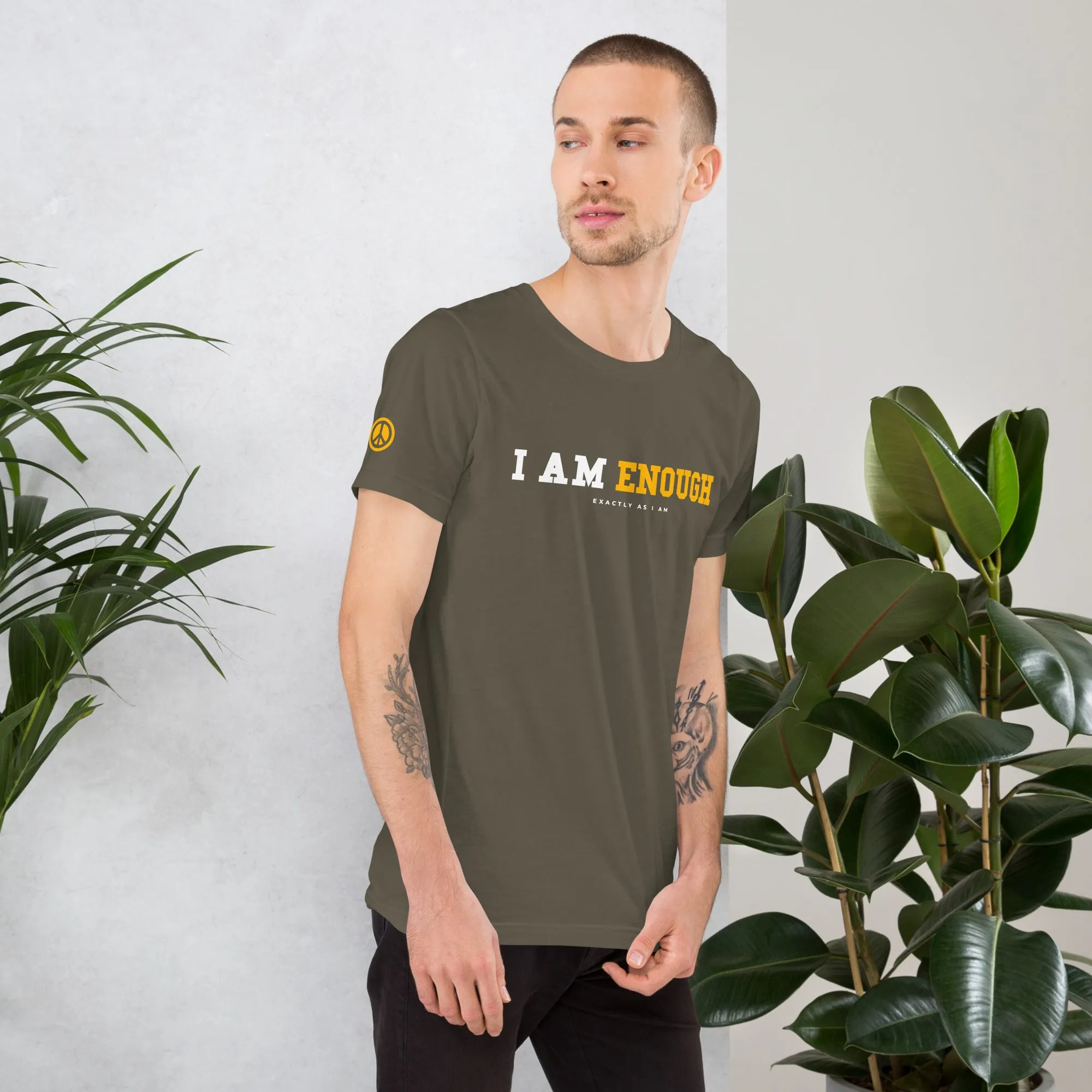 I AM ENOUGH STRONG Mental Health T-Shirt with Peace Sign on Sleeve for Men