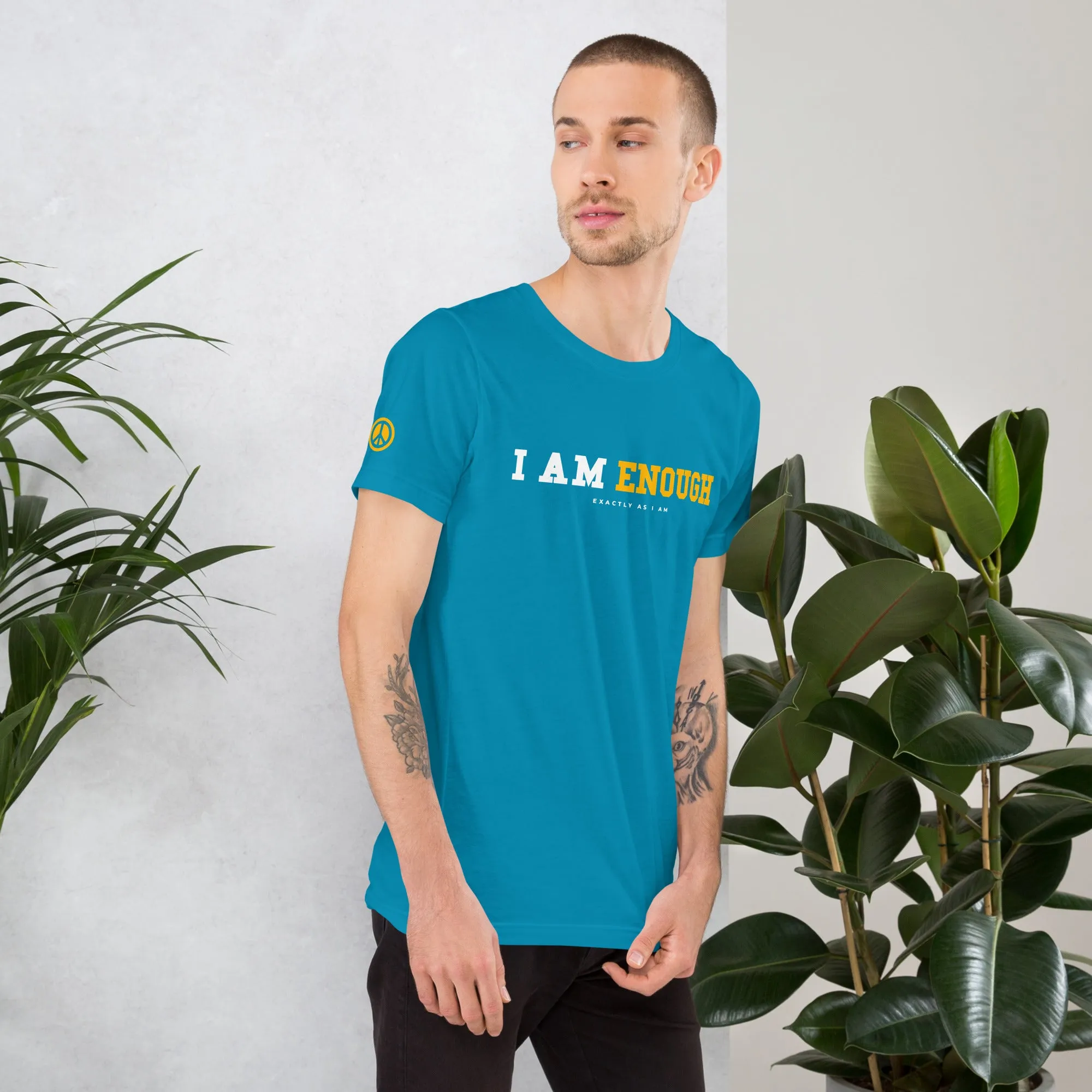 I AM ENOUGH STRONG Mental Health T-Shirt with Peace Sign on Sleeve for Men