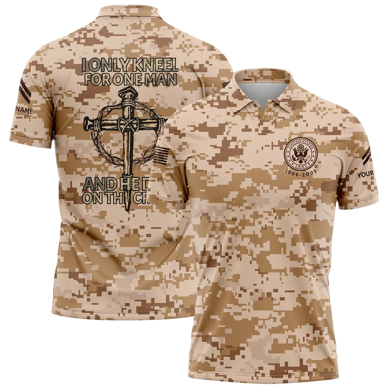 I Only kneel For One Man And He Died On The Cross Custom Camo U.S. Army Military Corporal Rank Veteran Name Golf Polo Shirt | Father's Day Gifts