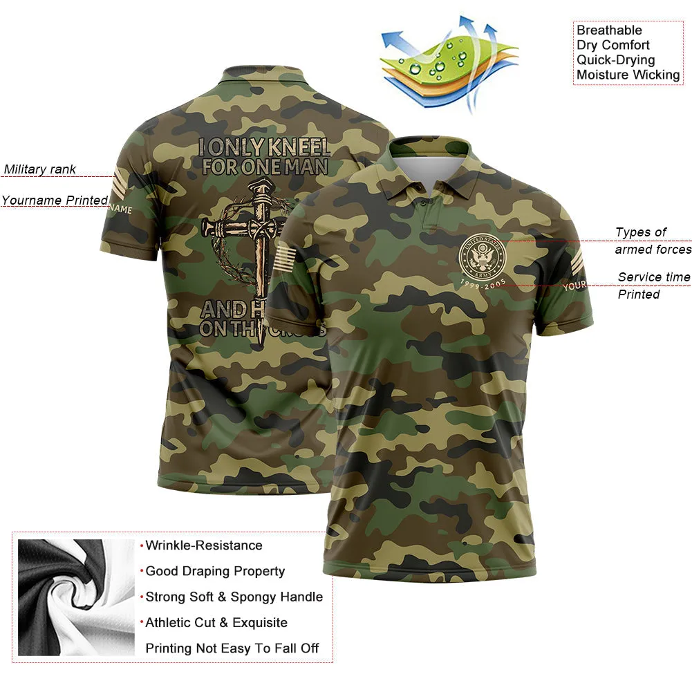 I Only kneel For One Man And He Died On The Cross Custom Camo U.S. Army Military Sergeant Rank Veteran Name Golf Polo Shirt | Father's Day Gifts