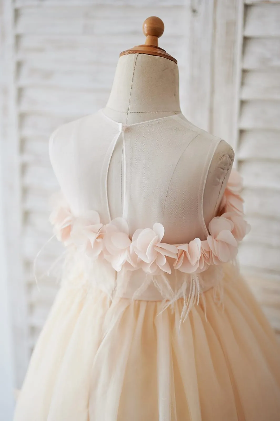 Illusion Champagne Tulle Feathers Wedding Party Flower Girl Dress