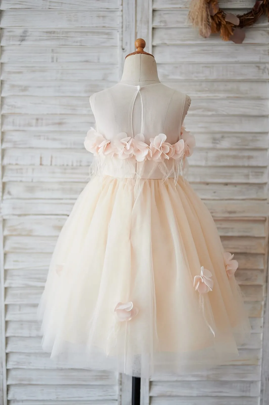 Illusion Champagne Tulle Feathers Wedding Party Flower Girl Dress