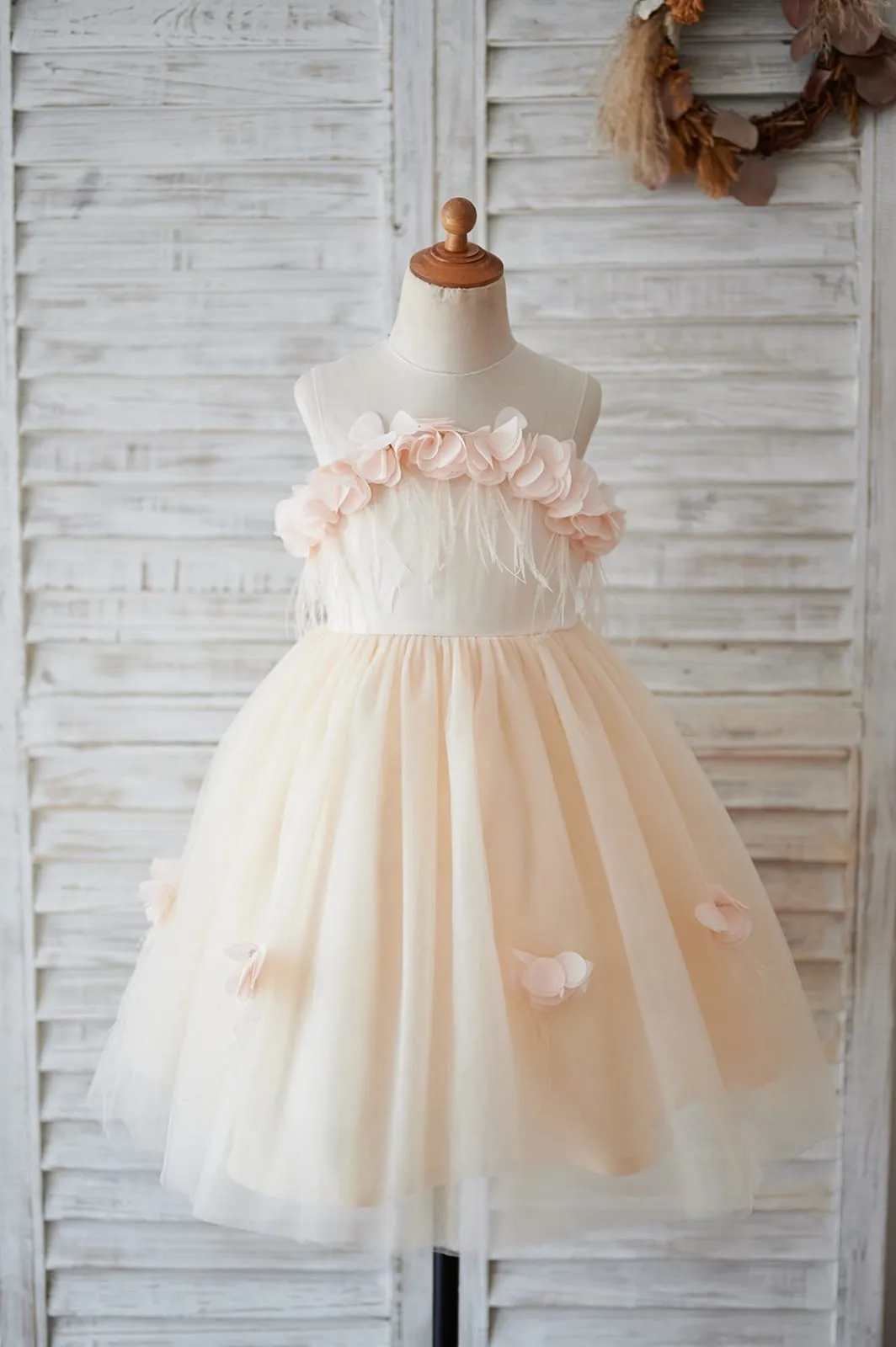 Illusion Champagne Tulle Feathers Wedding Party Flower Girl Dress