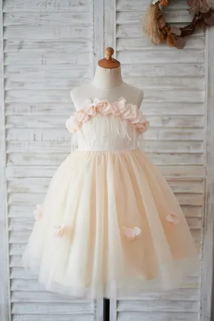 Illusion Champagne Tulle Feathers Wedding Party Flower Girl Dress