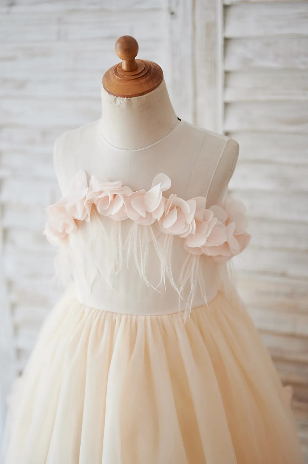 Illusion Champagne Tulle Feathers Wedding Party Flower Girl Dress
