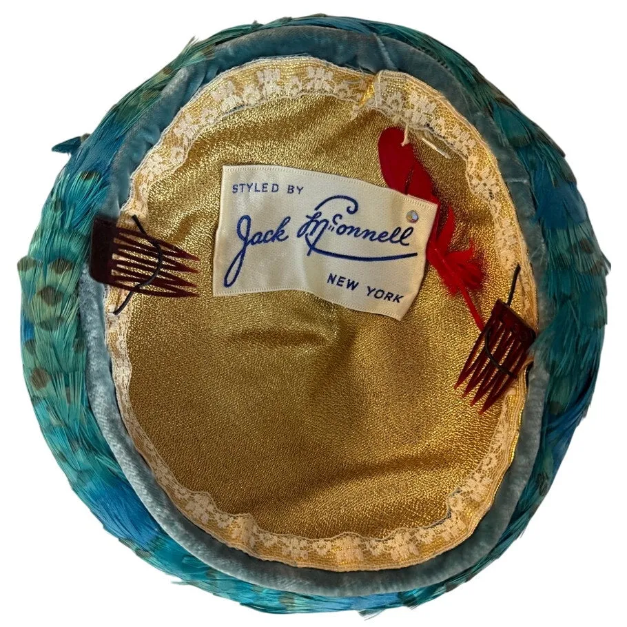 Jack McConnell c.1950s Vintage Hat Turquoise Pheasant Feathers Stupid Cute O/S
