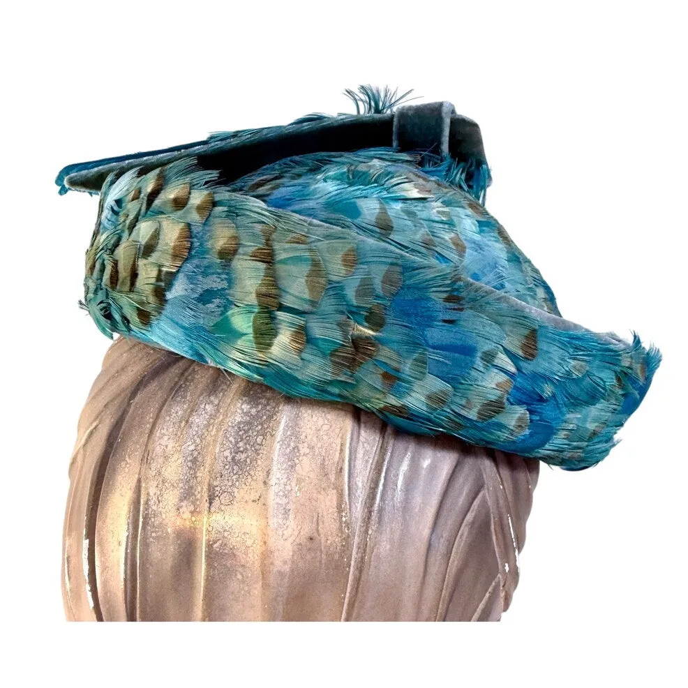 Jack McConnell c.1950s Vintage Hat Turquoise Pheasant Feathers Stupid Cute O/S