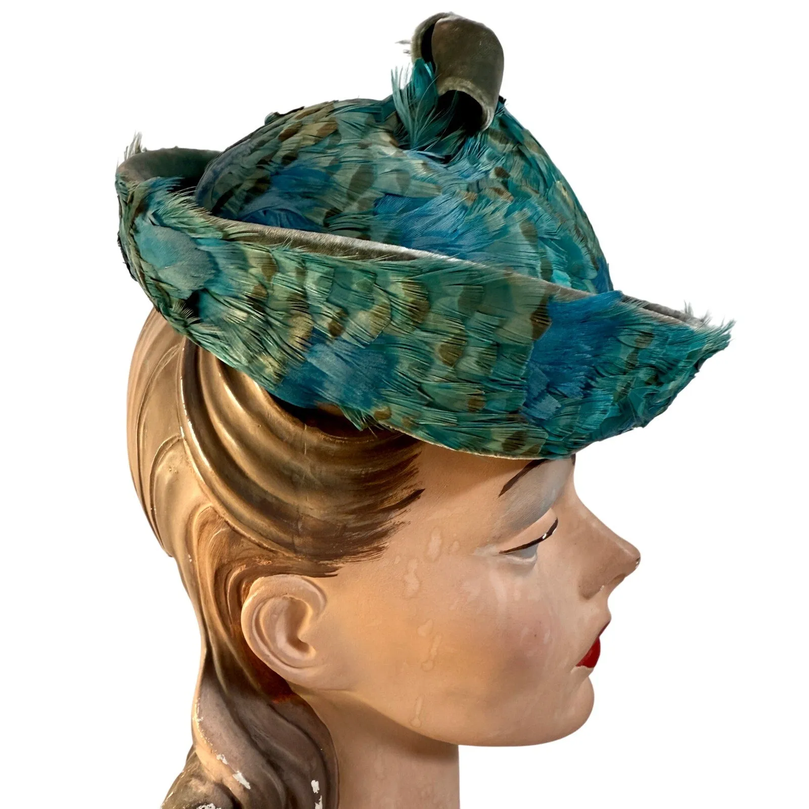 Jack McConnell c.1950s Vintage Hat Turquoise Pheasant Feathers Stupid Cute O/S