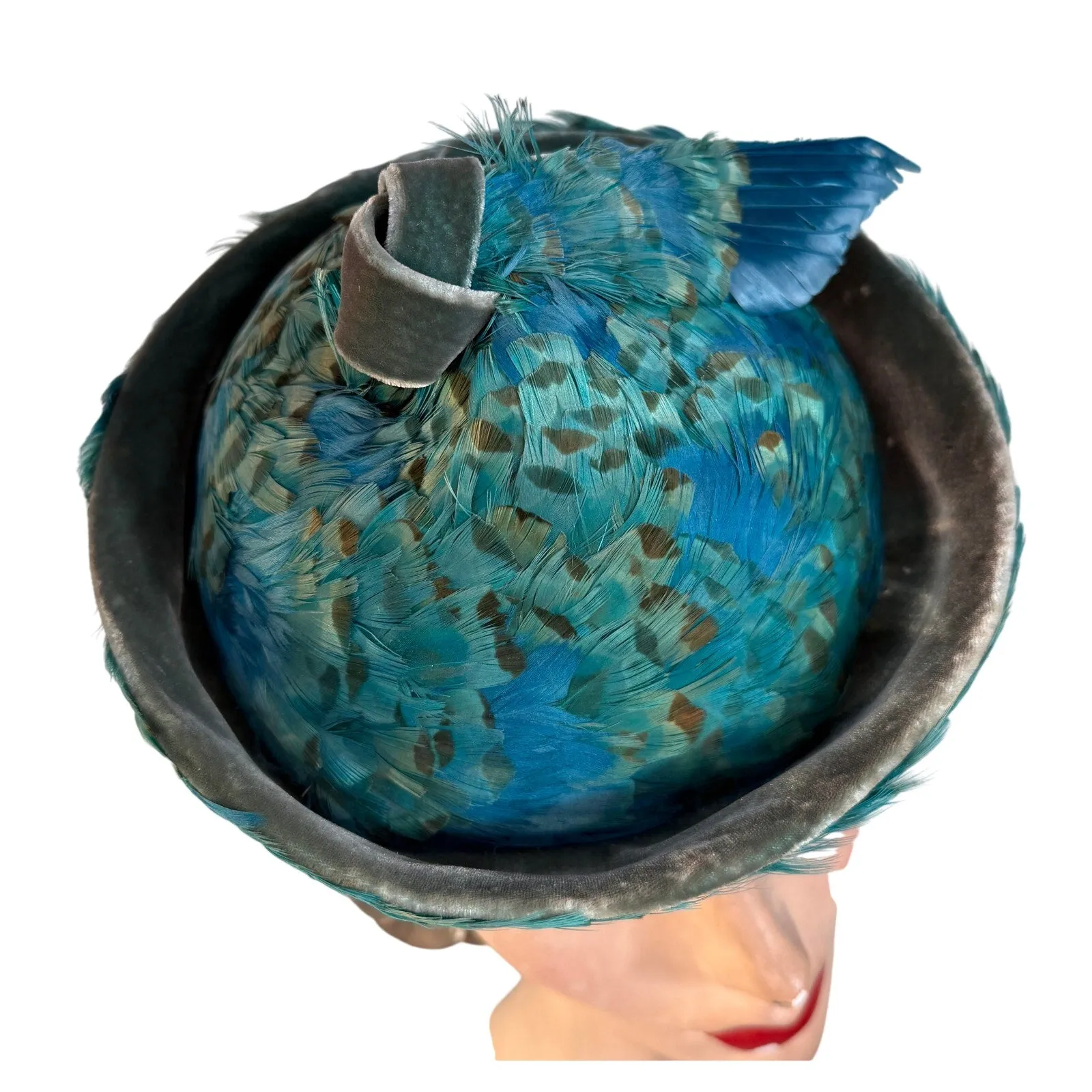 Jack McConnell c.1950s Vintage Hat Turquoise Pheasant Feathers Stupid Cute O/S