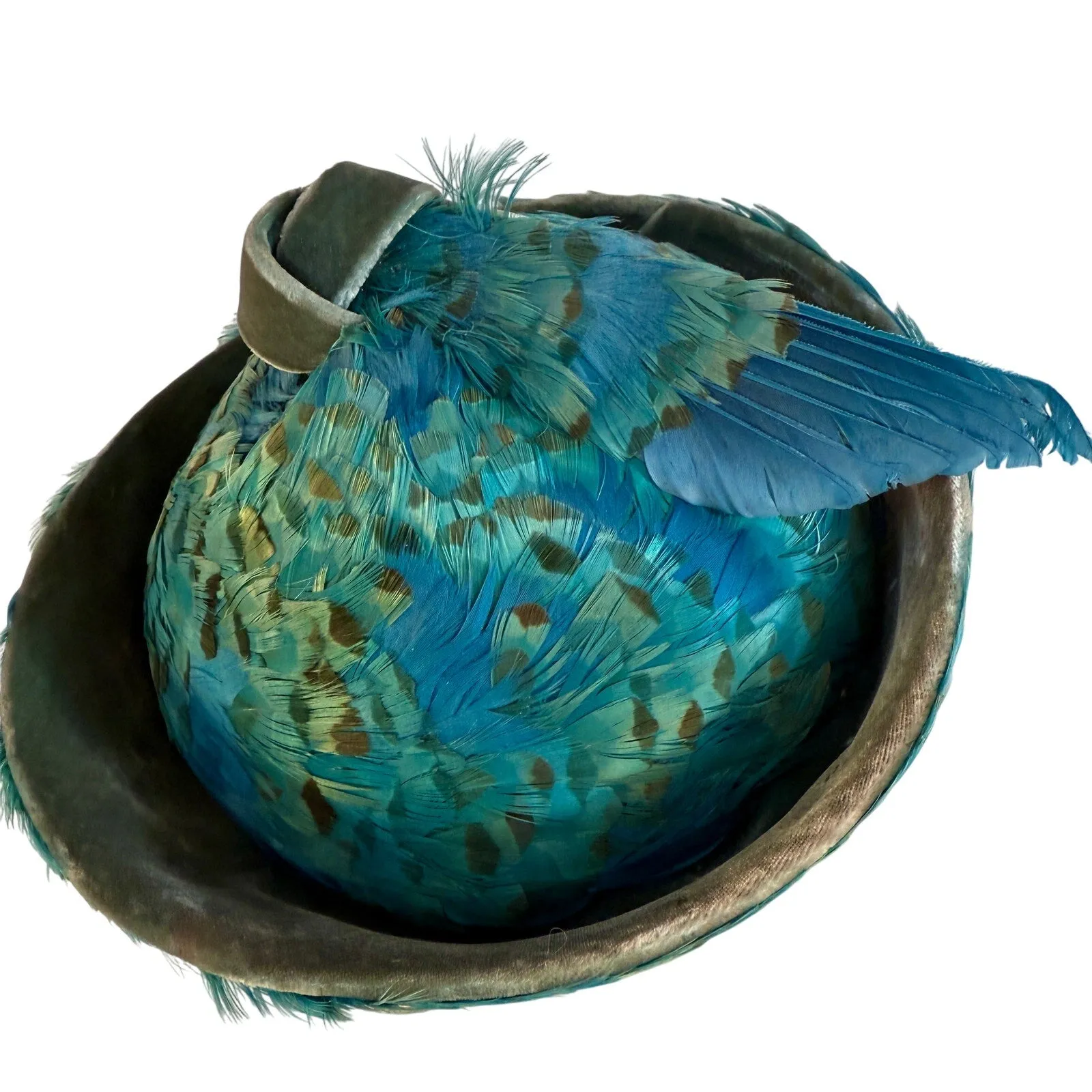 Jack McConnell c.1950s Vintage Hat Turquoise Pheasant Feathers Stupid Cute O/S