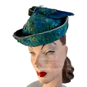 Jack McConnell c.1950s Vintage Hat Turquoise Pheasant Feathers Stupid Cute O/S