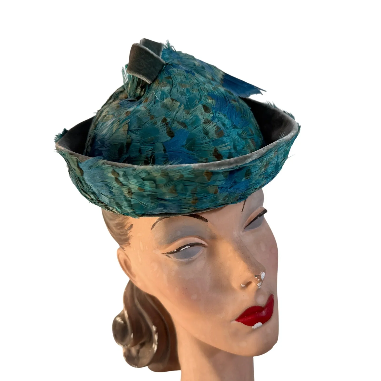 Jack McConnell c.1950s Vintage Hat Turquoise Pheasant Feathers Stupid Cute O/S