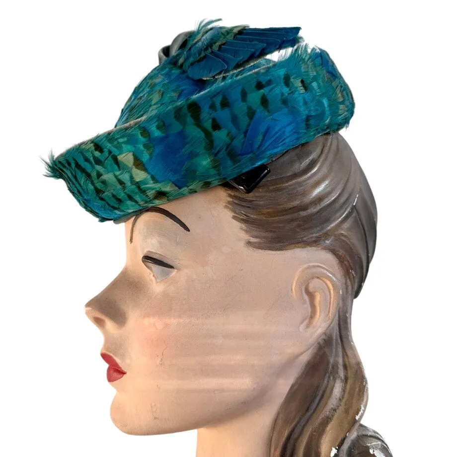 Jack McConnell c.1950s Vintage Hat Turquoise Pheasant Feathers Stupid Cute O/S