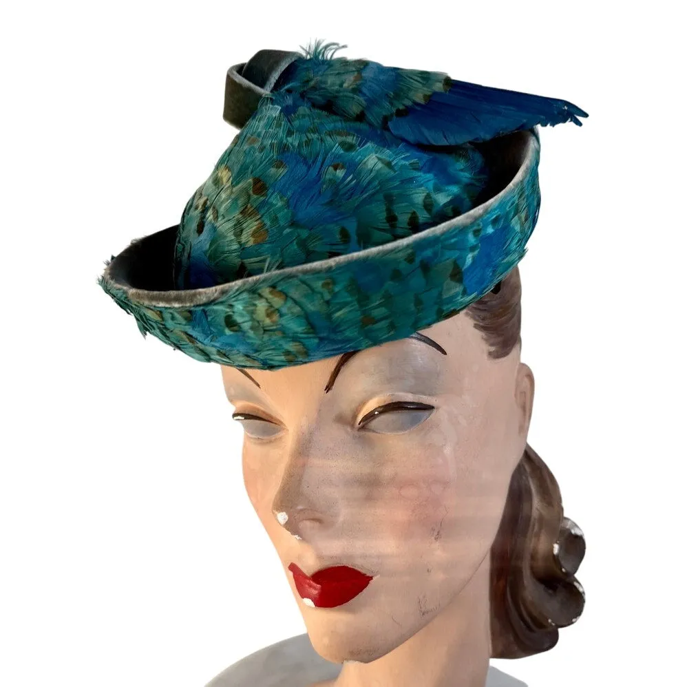 Jack McConnell c.1950s Vintage Hat Turquoise Pheasant Feathers Stupid Cute O/S