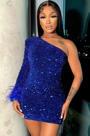 JazzHer Sparkly One Shoulder Bodycon Velvet Feather Sequin Party Mini Dress Homecoming Dresses (PRE-ORDER)