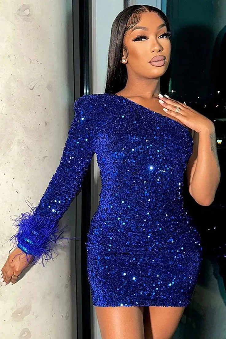 JazzHer Sparkly One Shoulder Bodycon Velvet Feather Sequin Party Mini Dress Homecoming Dresses (PRE-ORDER)