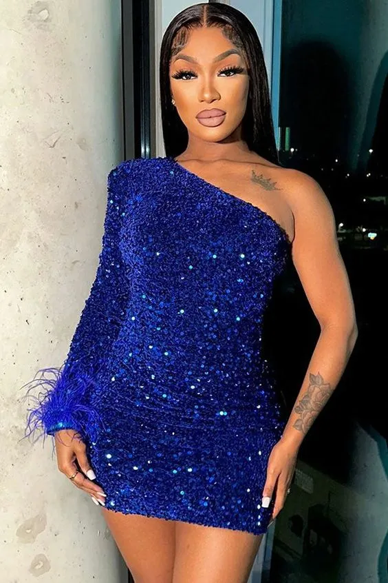 JazzHer Sparkly One Shoulder Bodycon Velvet Feather Sequin Party Mini Dress Homecoming Dresses (PRE-ORDER)