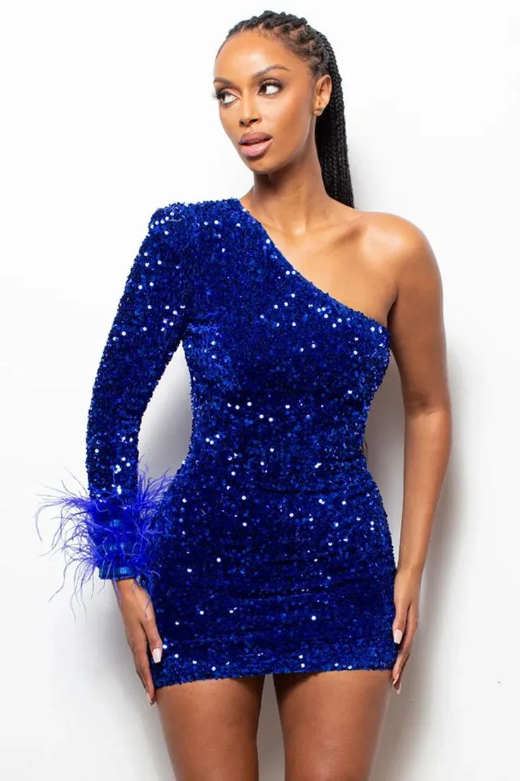 JazzHer Sparkly One Shoulder Bodycon Velvet Feather Sequin Party Mini Dress Homecoming Dresses (PRE-ORDER)
