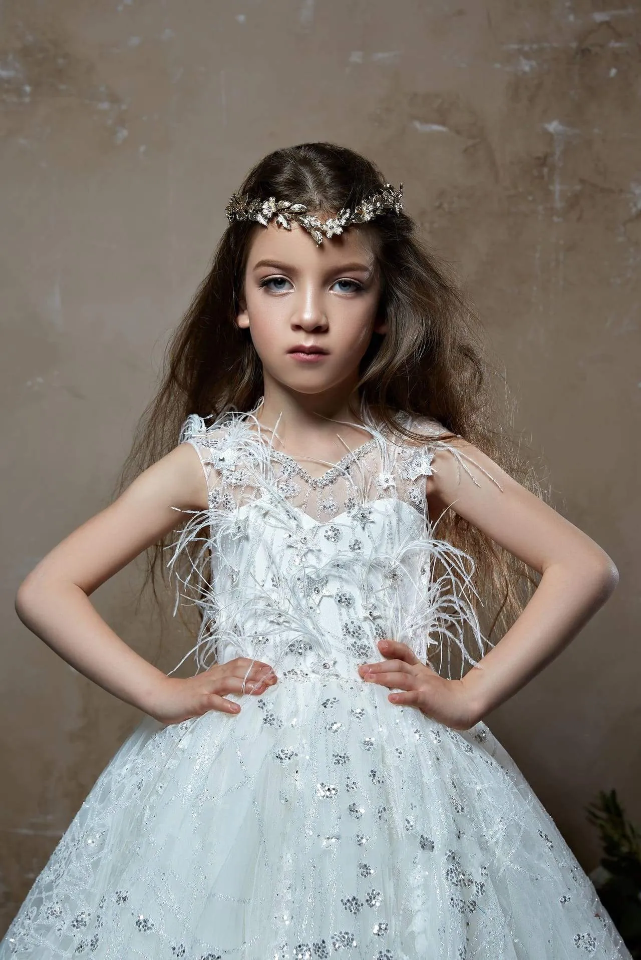 Junior Bridesmaid Retro Tulle Dress with Feathers