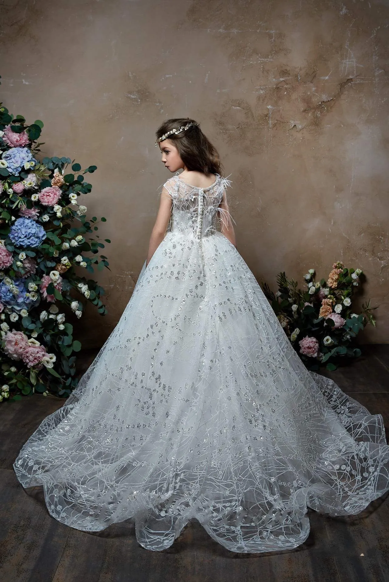 Junior Bridesmaid Retro Tulle Dress with Feathers