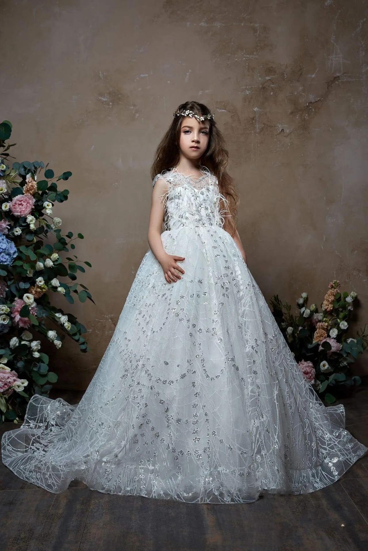 Junior Bridesmaid Retro Tulle Dress with Feathers