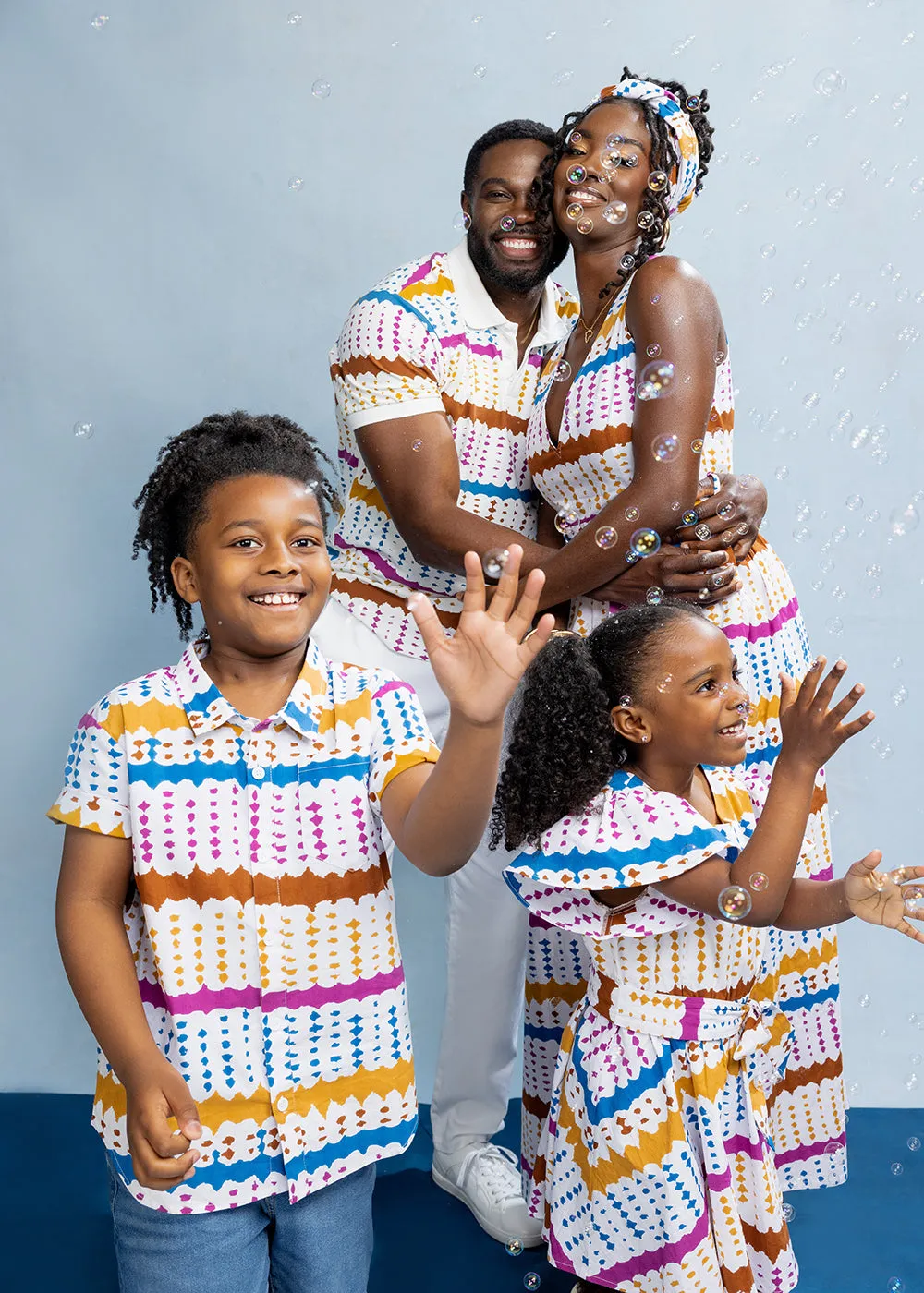 Kadija Girl's African Print Butterfly Sleeve Dress (White Nautical Adire)
