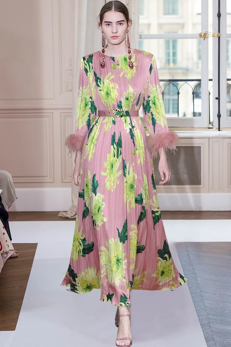 Kennedy O-Neck Feather Splicing 3/4 Sleeves Crystal Belt Flower Print Midi Dress