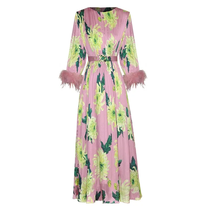 Kennedy O-Neck Feather Splicing 3/4 Sleeves Crystal Belt Flower Print Midi Dress