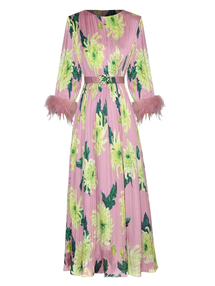 Kennedy O-Neck Feather Splicing 3/4 Sleeves Crystal Belt Flower Print Midi Dress
