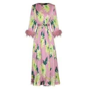 Kennedy O-Neck Feather Splicing 3/4 Sleeves Crystal Belt Flower Print Midi Dress
