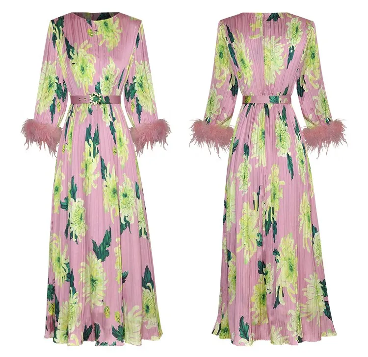 Kennedy O-Neck Feather Splicing 3/4 Sleeves Crystal Belt Flower Print Midi Dress